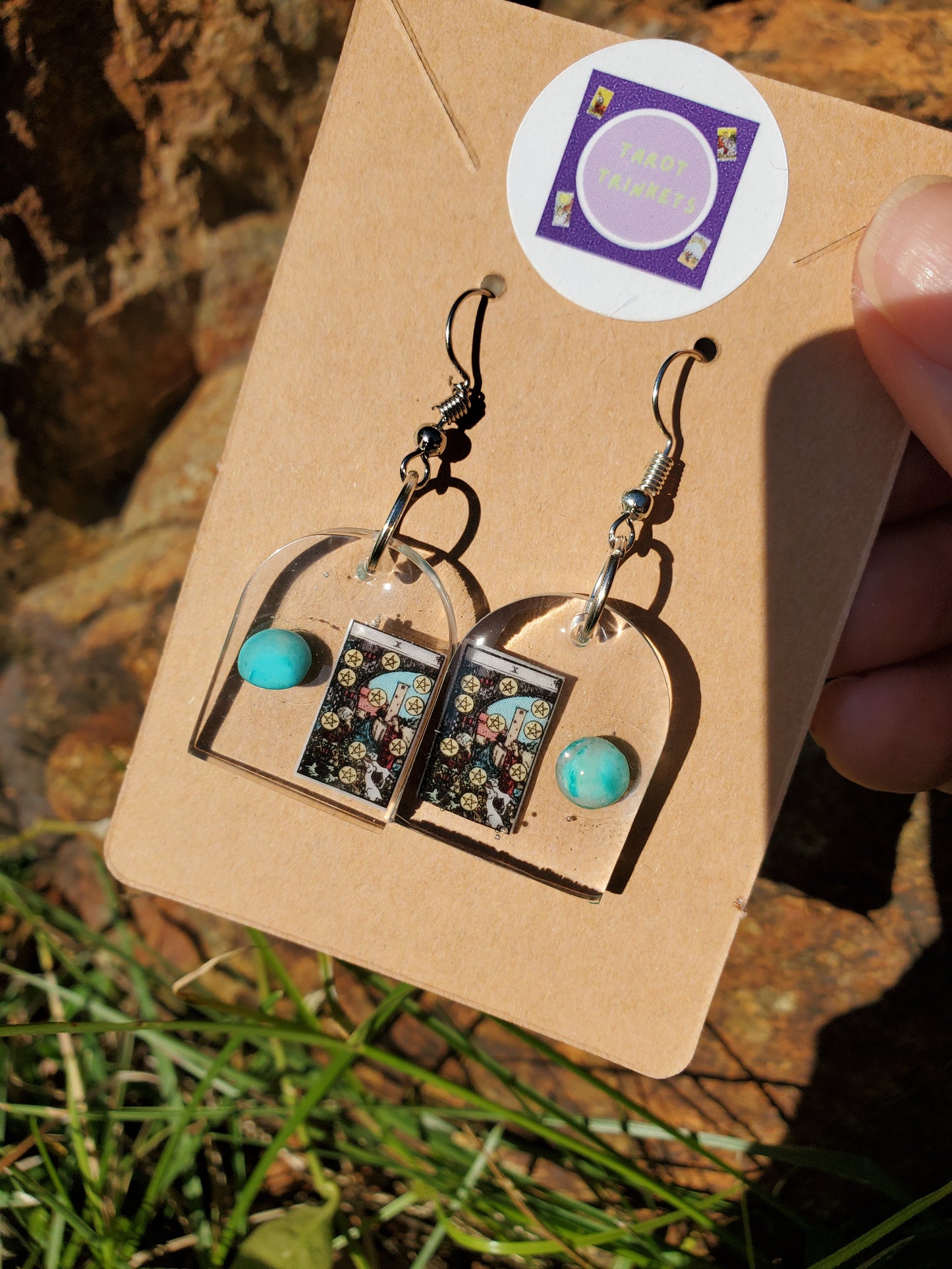 EARRINGS: Tarot Card 10 of Pentacles w/Turquoise Silver Hardware/Small Window Resin Shape