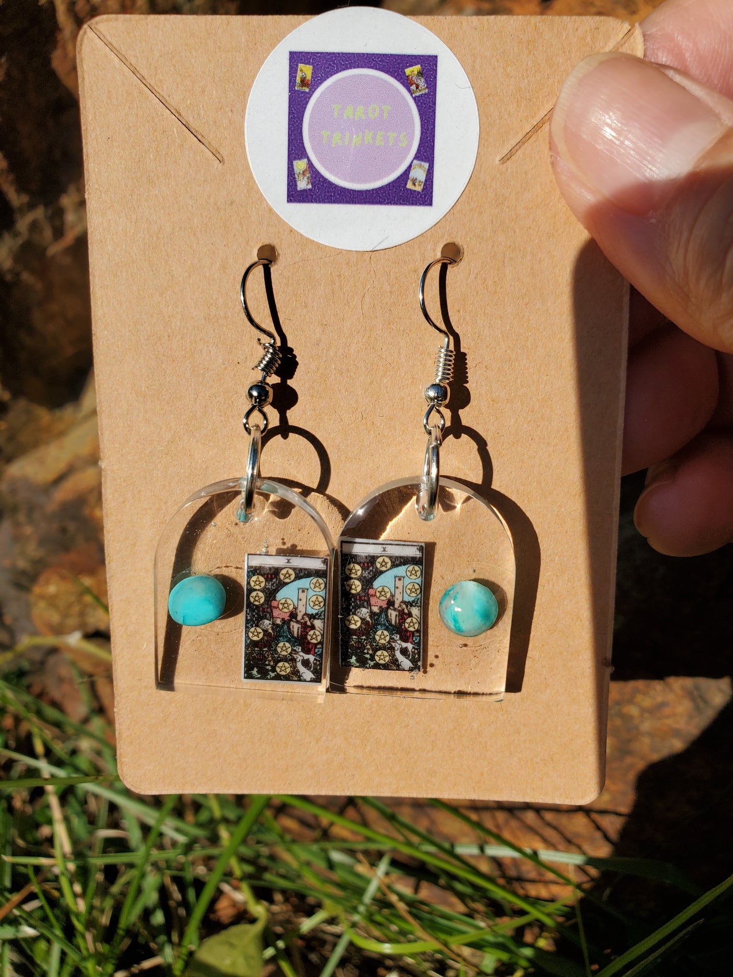 EARRINGS: Tarot Card 10 of Pentacles w/Turquoise Silver Hardware/Small Window Resin Shape