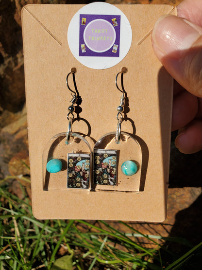 EARRINGS: Tarot Card 10 of Pentacles w/Turquoise Silver Hardware/Small Window Resin Shape