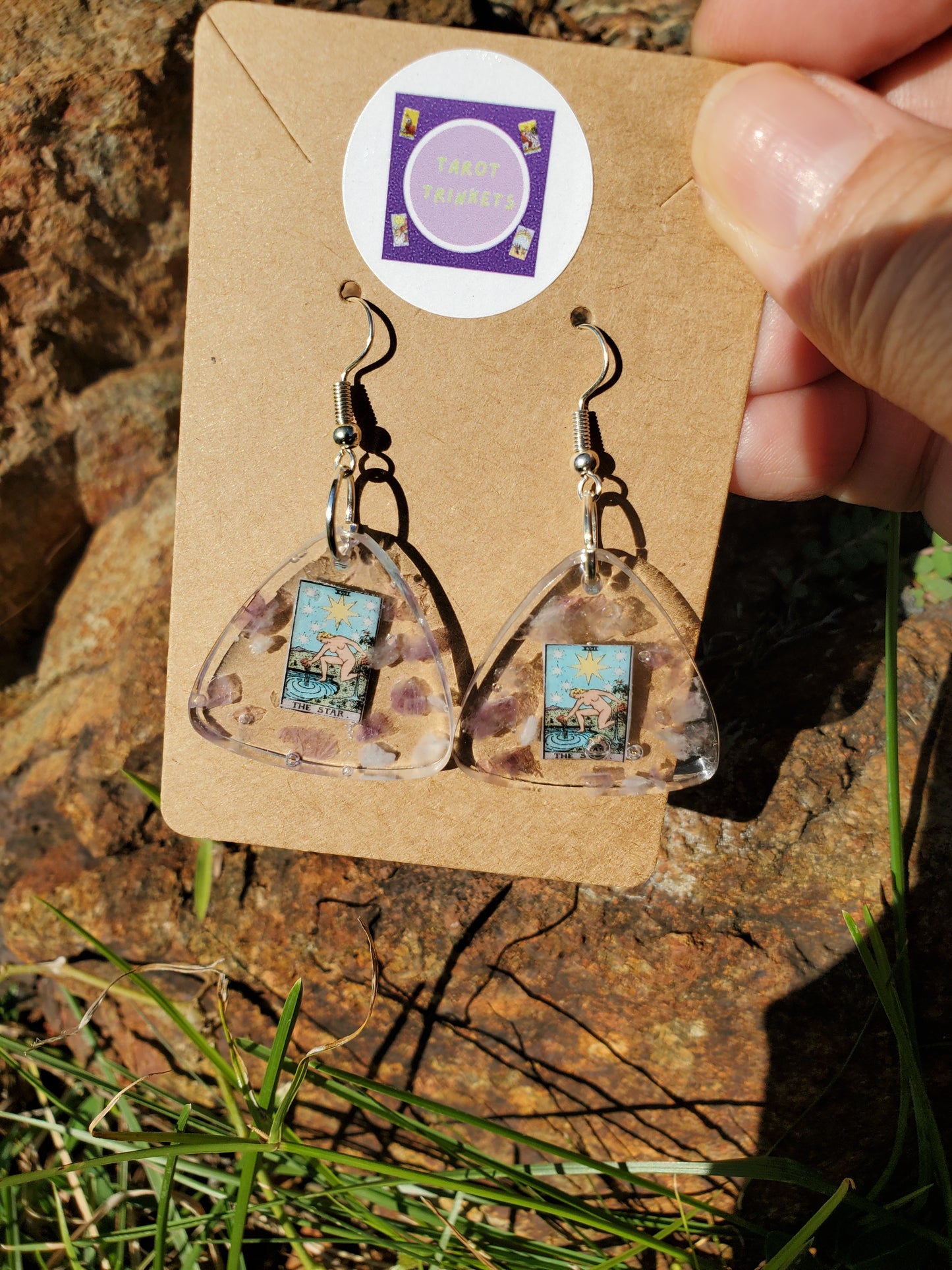 Earrings: STAR CARD TAROT THEMED RESIN EARRINGS, TRIANGLE, W/AMETHYST CRYSTALS