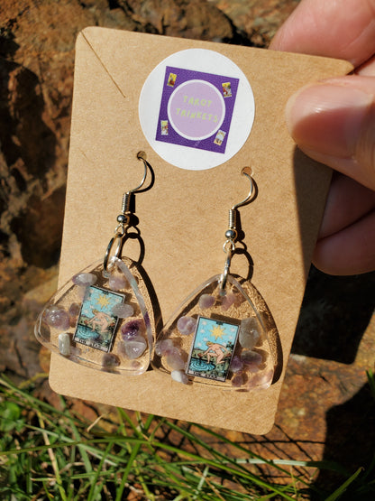 Earrings: STAR CARD TAROT THEMED RESIN EARRINGS, TRIANGLE, W/AMETHYST CRYSTALS