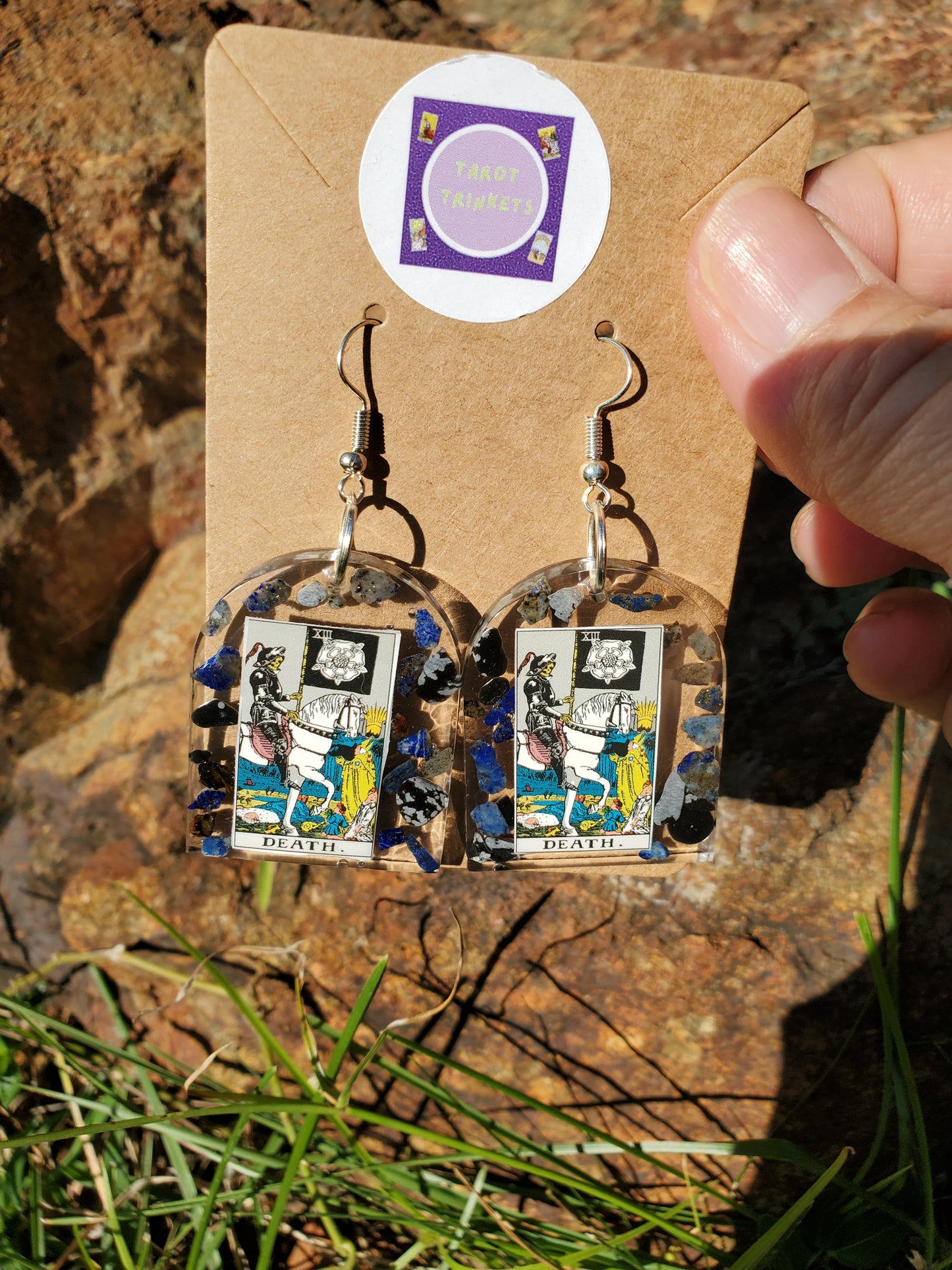 EARRINGS: TAROT CARD THE DEATH CARD LARGE RESIN WINDOW W/LAPIZ LAZULI CRYSTALS/SILVER HARDWARE