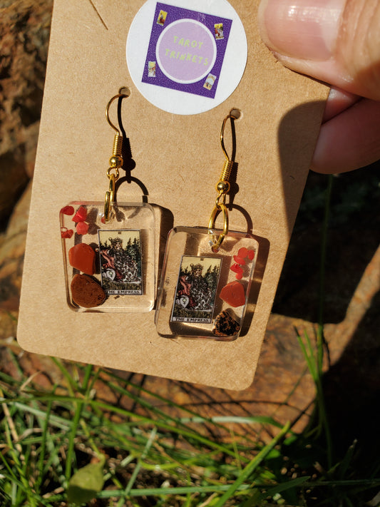 Earrings: Empress Tarot Themed Resin Dangle Earrings with Red Obsidian, Red Jasper & Red Coral/Gold Hardware