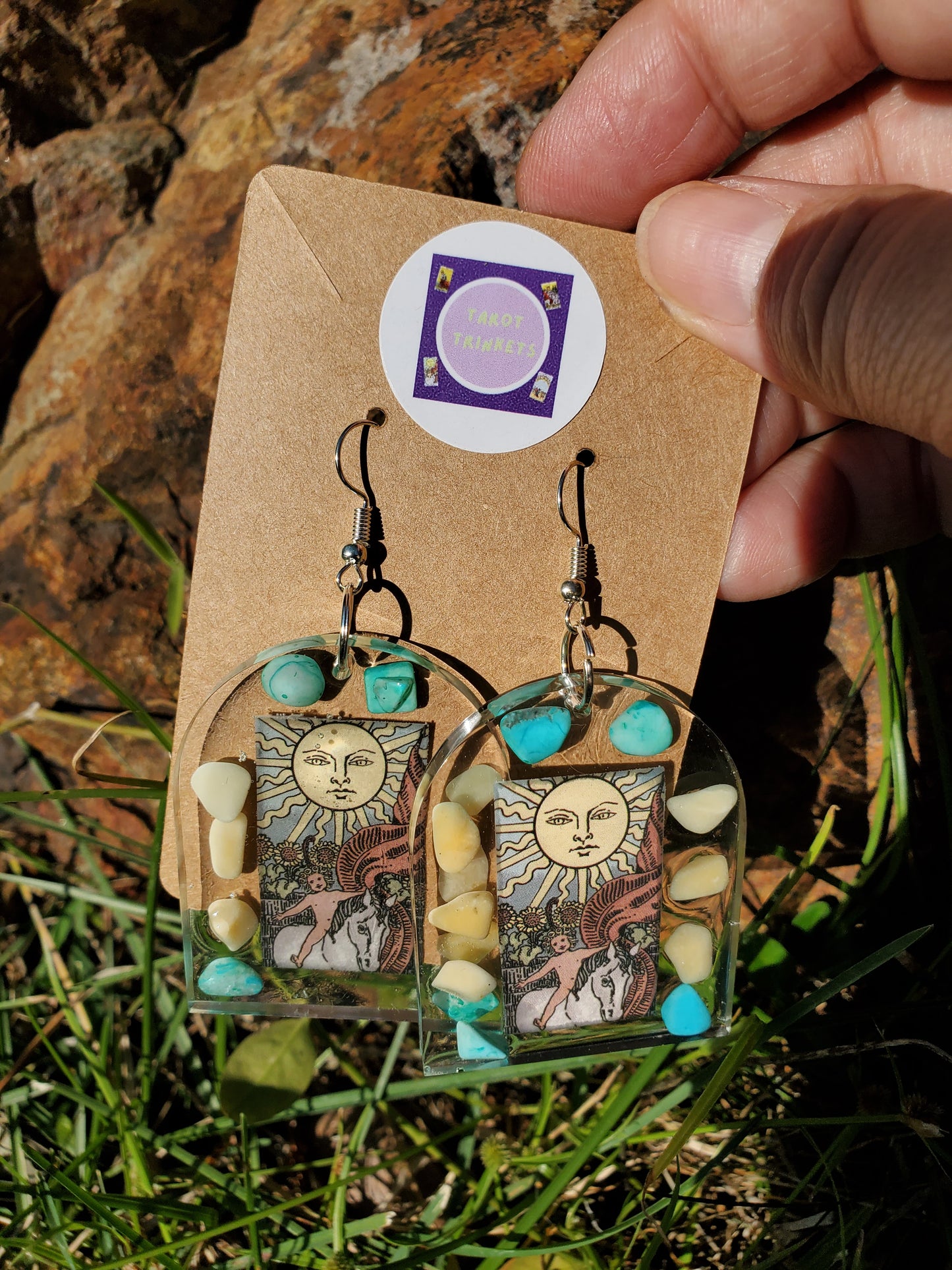 Earrings: SUN TAROT CARD RESIN EARRING w/TURQUOISE AND YELLOW JADE CRYSTALS/GOLD HARDWARE