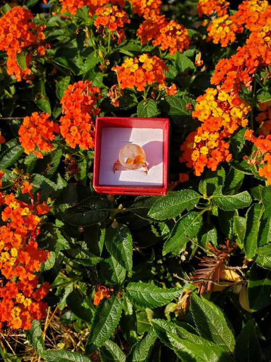 CHAKRA RING FOR HELPING WITH THE ENERGY OF THE HEART & SOLAR PLEXUS CHAKRA: SMALL RESIN ROUND FILLED w/CATS EYE CRYSTALS ROSE GOLD HARDWARE