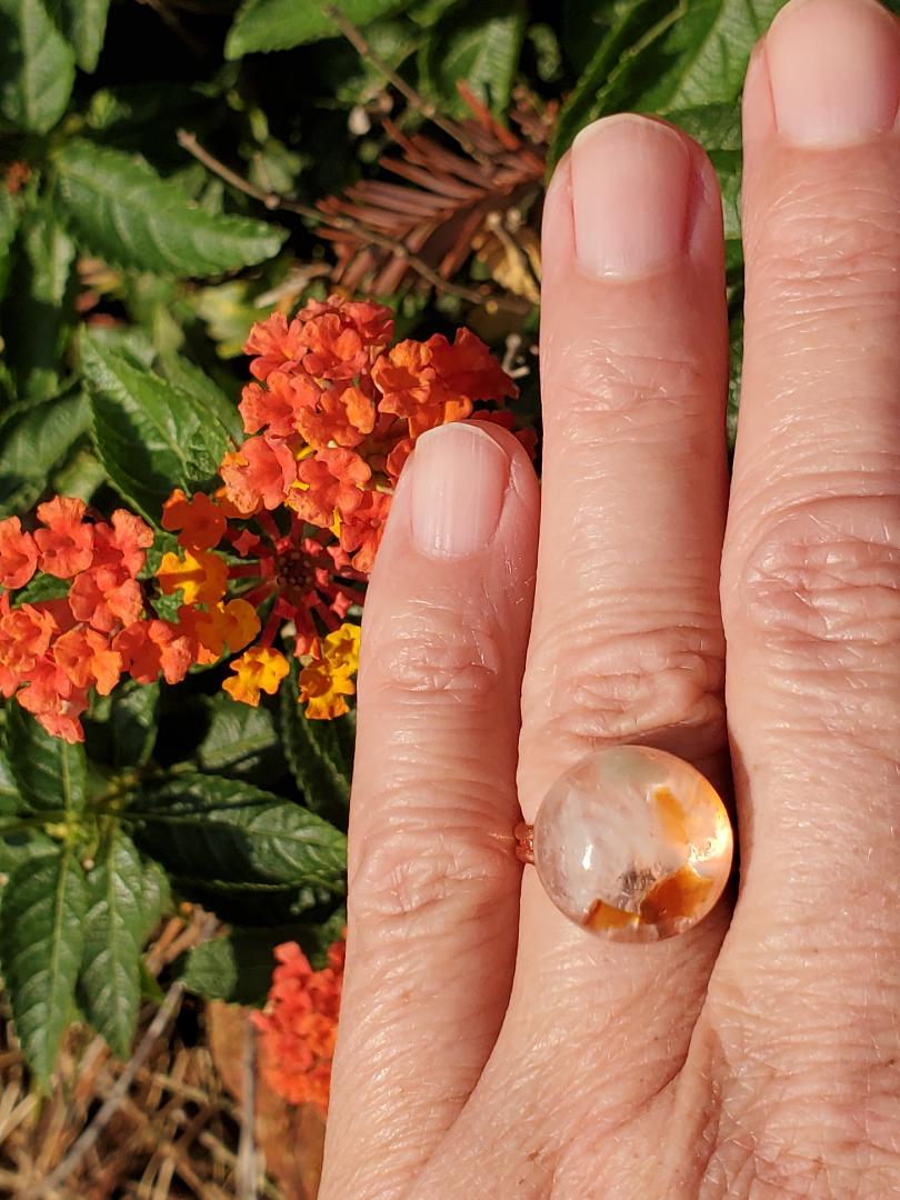 CHAKRA RING FOR HELPING WITH THE ENERGY OF THE HEART & SOLAR PLEXUS CHAKRA: SMALL RESIN ROUND FILLED w/CATS EYE CRYSTALS ROSE GOLD HARDWARE