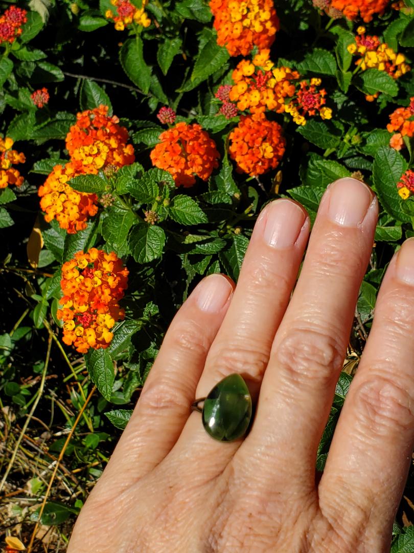 CHAKRA RING FOR HELPING WITH THE ENERGY OF THE  HEART CHAKRA: TEARDROP RESIN SHAPE BRONZE OR AGED HARDWARE W/JADE CRYSTALS