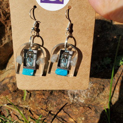 Earrings: High Priestess Tarot Card w/Turquoise and Aquamarine Crystals. Hand Made Resin Dangle Earrings. Silver Hardware. Window Shape.