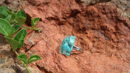 RINGS: Turquoise Ring-Silver-Hand Made w/Clear Resin and Turquoise. Square Shape.