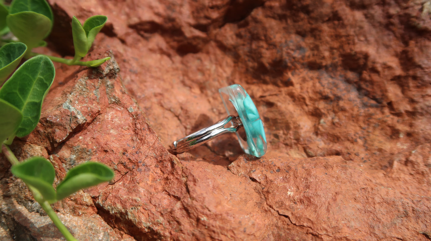 RINGS: Turquoise Ring-Silver-Hand Made w/Clear Resin and Turquoise. Square Shape.