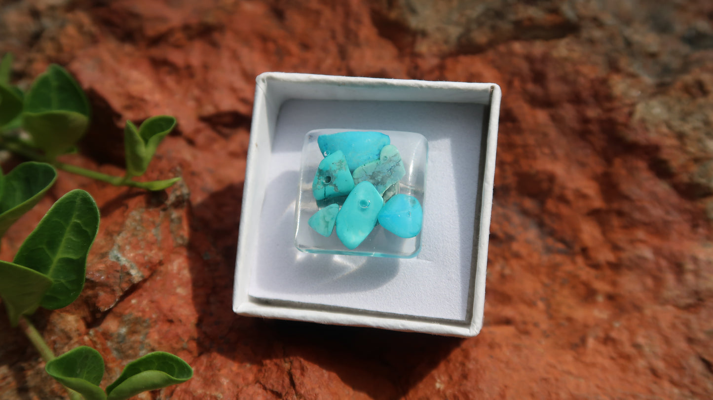 RINGS: Turquoise Ring-Silver-Hand Made w/Clear Resin and Turquoise. Square Shape.