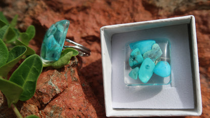 RINGS: Turquoise Ring-Silver-Hand Made w/Clear Resin and Turquoise. Square Shape.