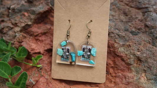 EARRINGS: Temperance Tarot Card w/ Turquoise-Hand Made w/Clear Resin-Aged Brass. Small Window Shape.