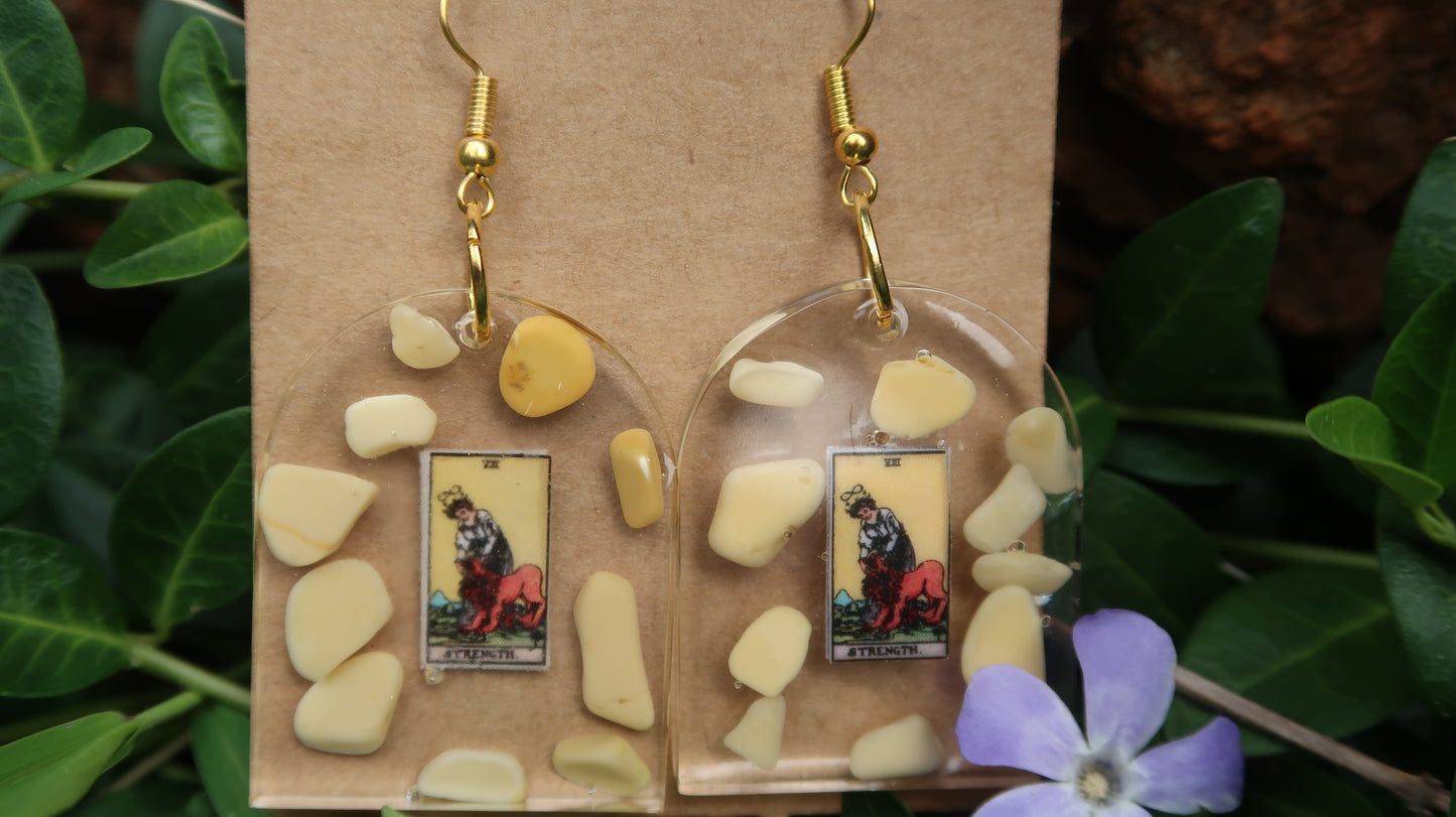 Earrings: Strength Tarot Card w/Yellow Jasper & Yellow Jade-Hand Made w/Clear Resin-Gold Hardware. Large Window Shape.