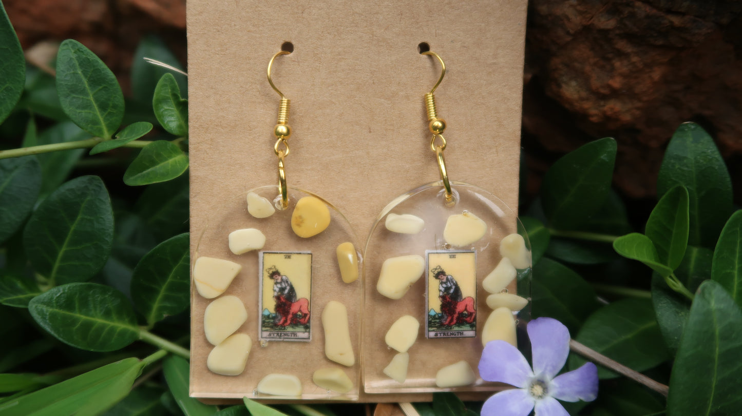 Earrings: Strength Tarot Card w/Yellow Jasper & Yellow Jade-Hand Made w/Clear Resin-Gold Hardware. Large Window Shape.