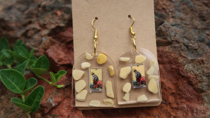 Earrings: Strength Tarot Card w/Yellow Jasper & Yellow Jade-Hand Made w/Clear Resin-Gold Hardware. Large Window Shape.