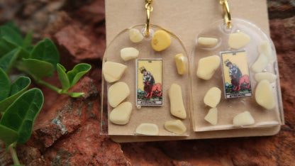 Earrings: Strength Tarot Card w/Yellow Jasper & Yellow Jade-Hand Made w/Clear Resin-Gold Hardware. Large Window Shape.