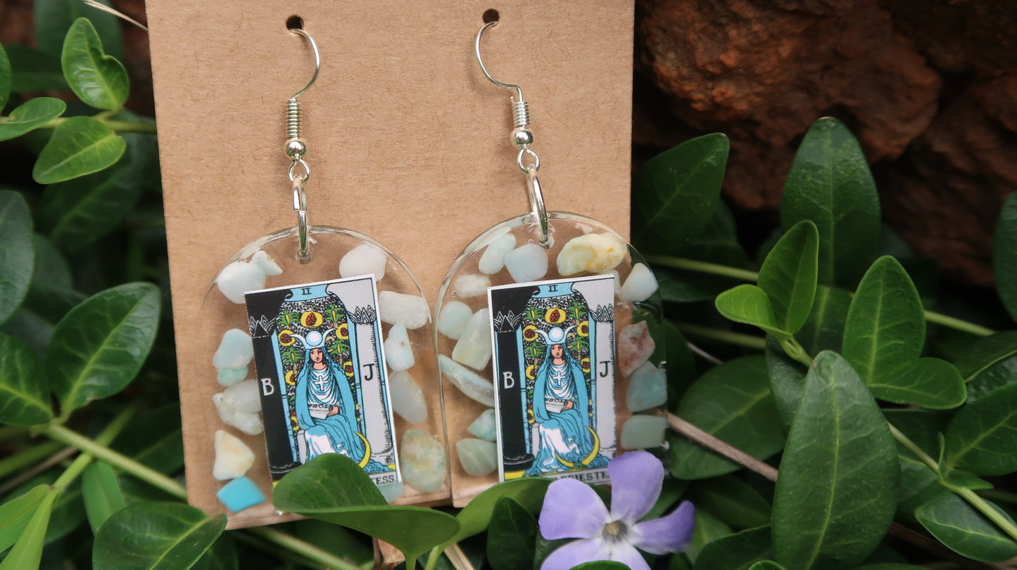 EARRINGS: Tarot High Priestess Hand Crafted Resin Dangle Earrings w/Amazonite Crystals Silver Hardware. Large Window Shape.