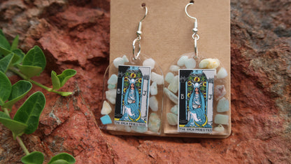 EARRINGS: Tarot High Priestess Hand Crafted Resin Dangle Earrings w/Amazonite Crystals Silver Hardware. Large Window Shape.