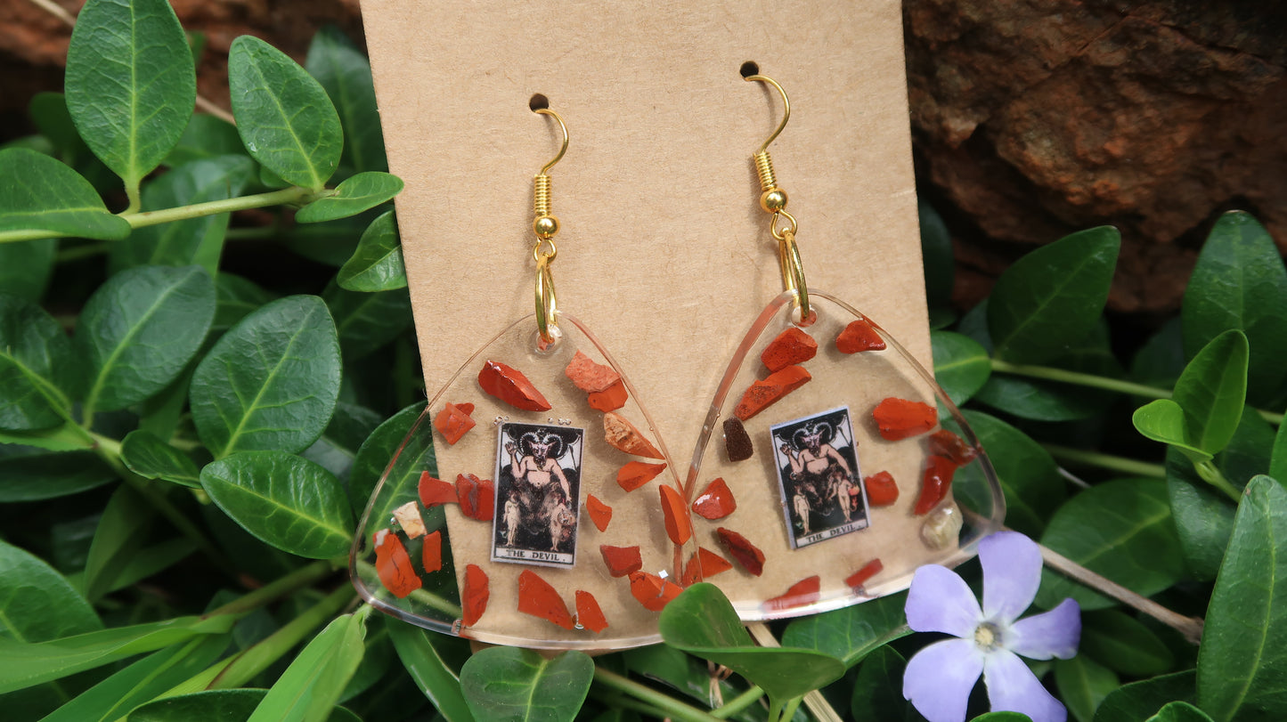 Earrings: Devil Tarot Card Earrings-Hand Made w/Clear Resin and Red Jasper Crystals, Gold Hardware. Large Triangles.