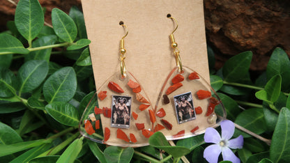 Earrings: Devil Tarot Card Earrings-Hand Made w/Clear Resin and Red Jasper Crystals, Gold Hardware. Large Triangles.