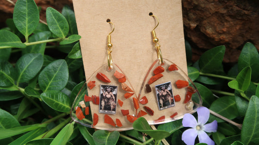 Earrings: Devil Tarot Card Earrings-Hand Made w/Clear Resin and Red Jasper Crystals, Gold Hardware. Large Triangles.