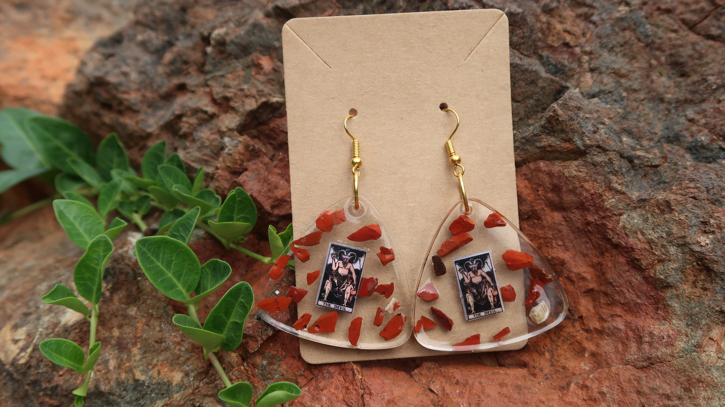 Earrings: Devil Tarot Card Earrings-Hand Made w/Clear Resin and Red Jasper Crystals, Gold Hardware. Large Triangles.