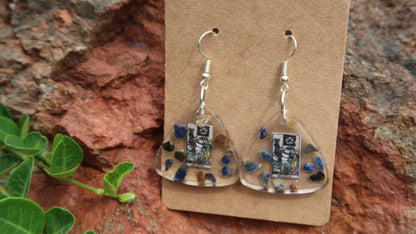 EARRINGS: Tarot Death Card Resin Earrings w/ Lapis Lazuli Crystal -Hand Crafted. Silver Hardware. Triangle Shape.