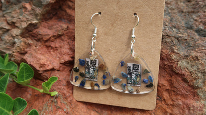 EARRINGS: Tarot Death Card Resin Earrings w/ Lapis Lazuli Crystal -Hand Crafted. Silver Hardware. Triangle Shape.