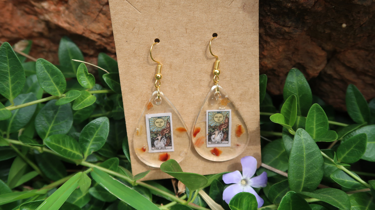 Earrings: Sun Tarot Card w/Carnelian Crystals-Hand Made w/Clear Resin-Dangle Earrings-Gold Hardware. Teardrop.