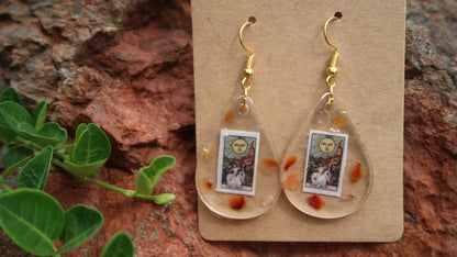 Earrings: Sun Tarot Card w/Carnelian Crystals-Hand Made w/Clear Resin-Dangle Earrings-Gold Hardware. Teardrop.