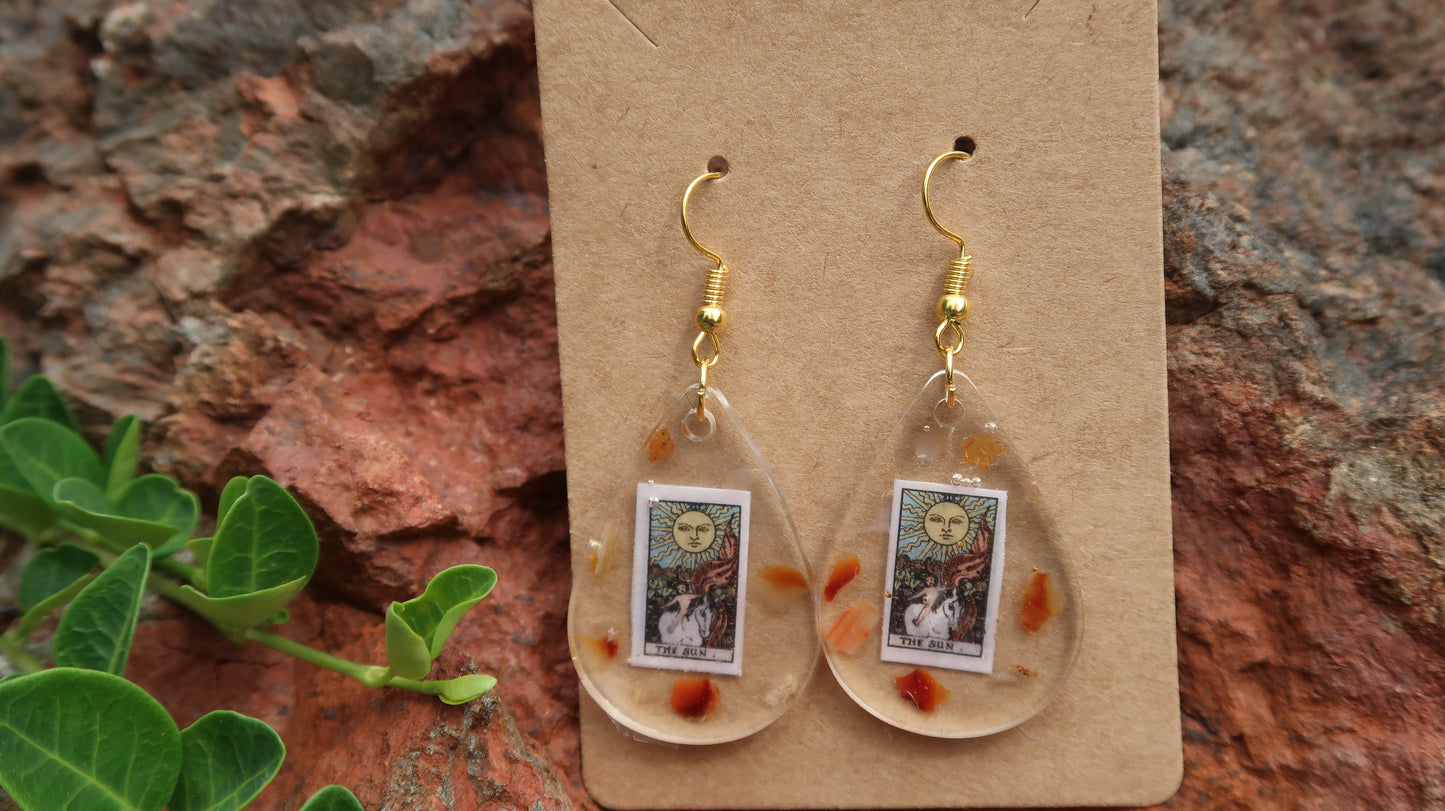 Earrings: Sun Tarot Card w/Carnelian Crystals-Hand Made w/Clear Resin-Dangle Earrings-Gold Hardware. Teardrop.