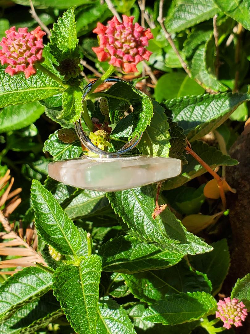 CHAKRA RING FOR HELPING WITH THE ENERGY OF THE HEART CHAKRA: LARGE SQUARE W/ROSE QUARTZ & AVENTURINE CRYSTALS (FOR HEART) SILVER HARDWARE