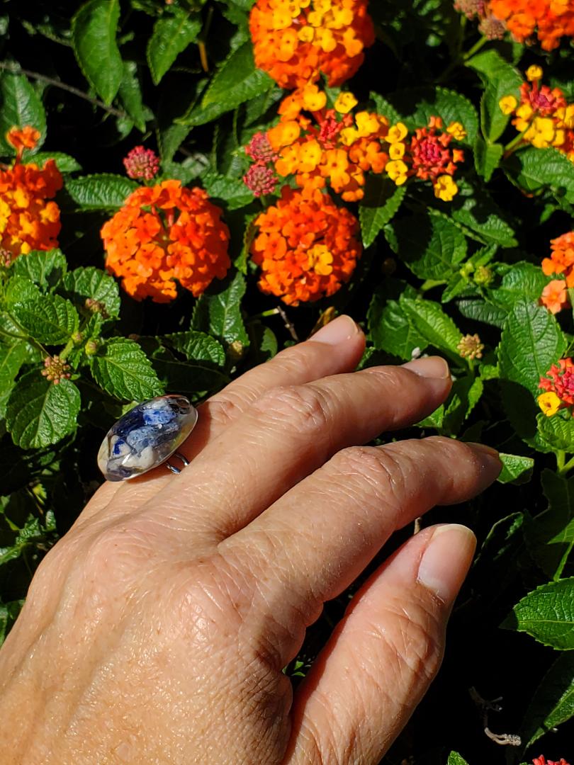 CHAKRA RING to help the Energy of the  THROAT CHAKRA- LARGE OVAL WITH SODALITE AND SILVER HARDWARE