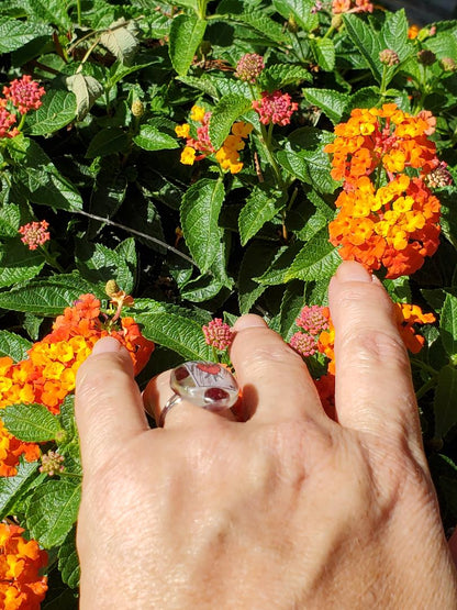 Ring: Large Tear Drop Resin Ring w/The 3 of Swords Tarot Card w/Garnet/Silver Hardware