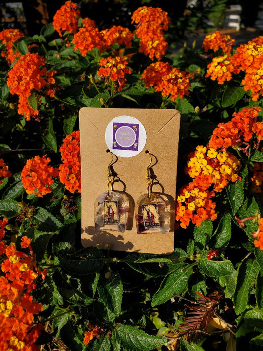 Earrings: THE MAGICIAN MAJOR ARACANA TAROT CARD THEME EARRING. RESIN WINDOW SHAPE, w/FLUORITE CRYSTALS