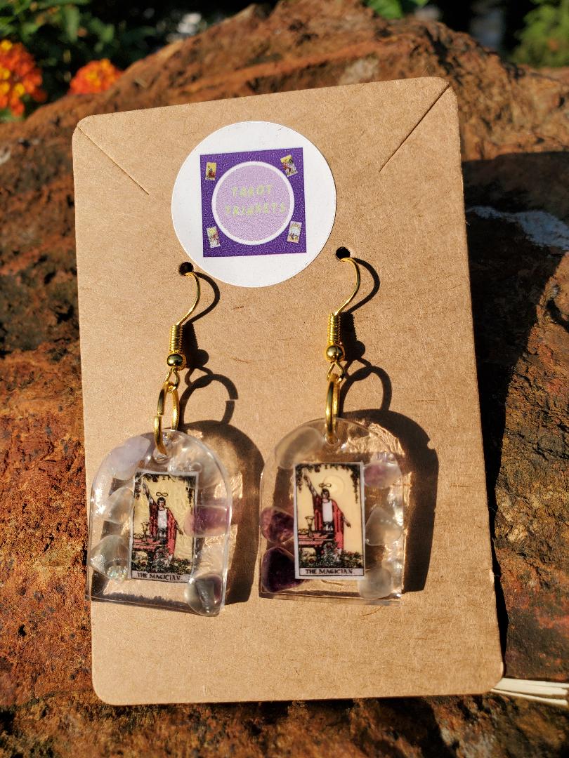 Earrings: THE MAGICIAN MAJOR ARACANA TAROT CARD THEME EARRING. RESIN WINDOW SHAPE, w/FLUORITE CRYSTALS