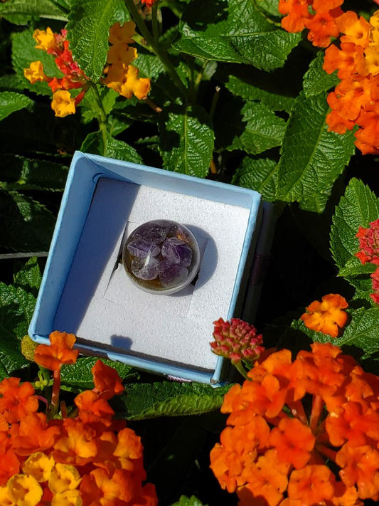 CHAKRA RING FOR HELPING WITH THE ENERGY OF THE CROWN CHAKRA: Small Round Resin Ring w/Amethyst Crystals/Bronze Hardware