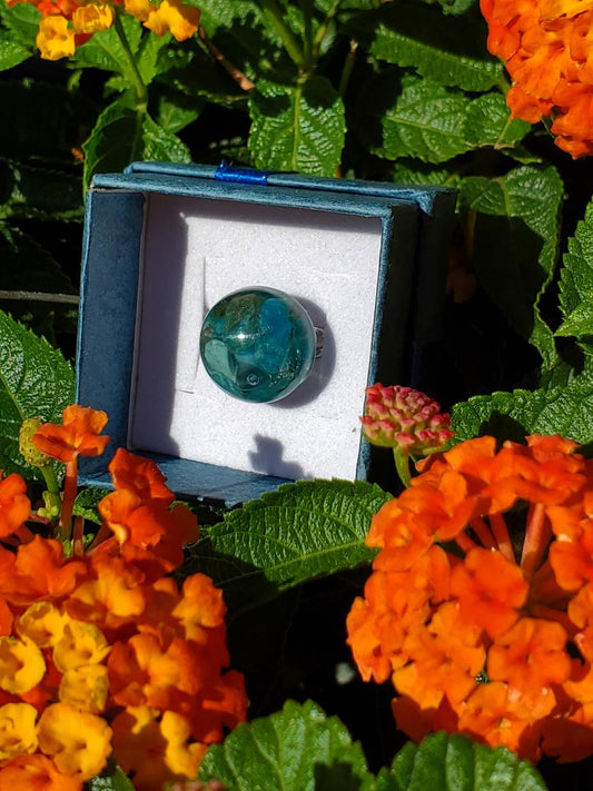 CHAKRA RING to Help with the Energy of the THROAT CHAKRA: RESIN ROUND WITH BLUE APATITE/SILVER HARDWARE