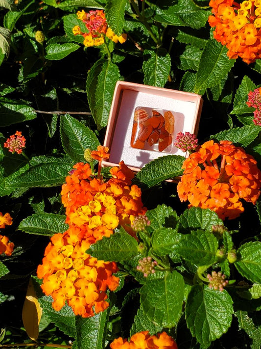 CHAKRA RING FOR HELPING WITH THE ENERGY OF THE ROOT OR SACRAL CHAKRA:  RESIN SQUARE FILLED WITH RED JASPER/ ROSE GOLD HARDWARE