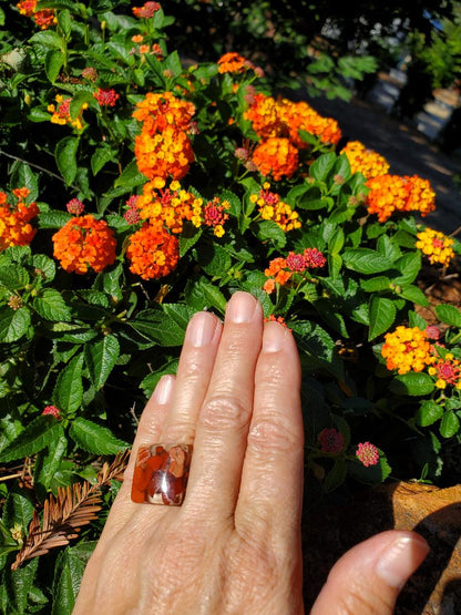 CHAKRA RING FOR HELPING WITH THE ENERGY OF THE ROOT OR SACRAL CHAKRA:  RESIN SQUARE FILLED WITH RED JASPER/ ROSE GOLD HARDWARE