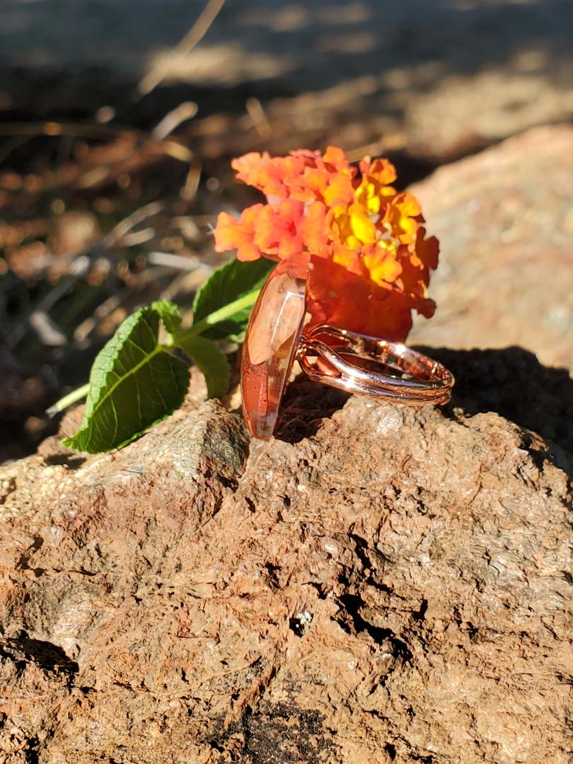 CHAKRA RING FOR HELPING WITH THE ENERGY OF THE ROOT OR SACRAL CHAKRA:  RESIN SQUARE FILLED WITH RED JASPER/ ROSE GOLD HARDWARE