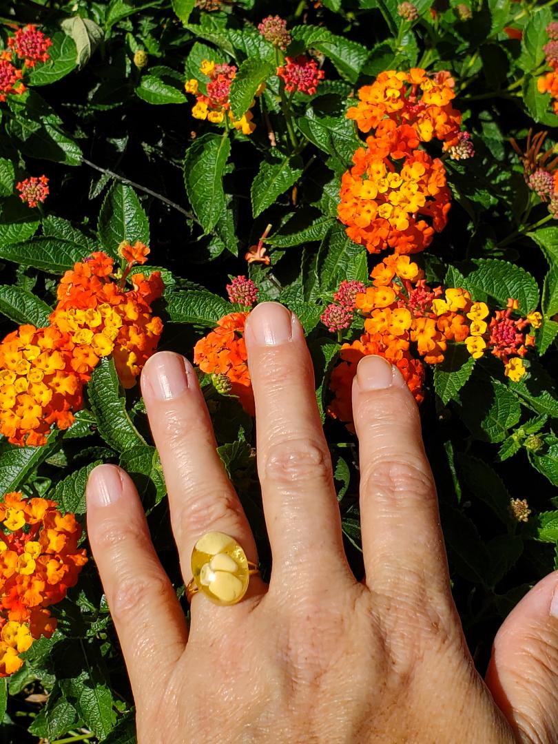 CHAKRA RING FOR HELPING WITH THE ENERGY OF THE SOLAR PLEXUS- OVAL SHAPED RESIN, YELLOW JASPER AND CITRINE CRYSTALS GOLD HARDWARE