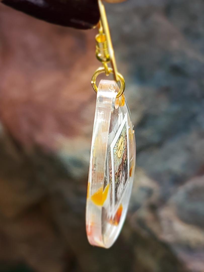 Earrings: Sun Tarot Card w/Carnelian Crystals-Hand Made w/Clear Resin-Dangle Earrings-Gold Hardware. Teardrop.