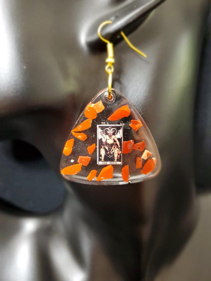 Earrings: Devil Tarot Card Earrings-Hand Made w/Clear Resin and Red Jasper Crystals, Gold Hardware. Large Triangles.