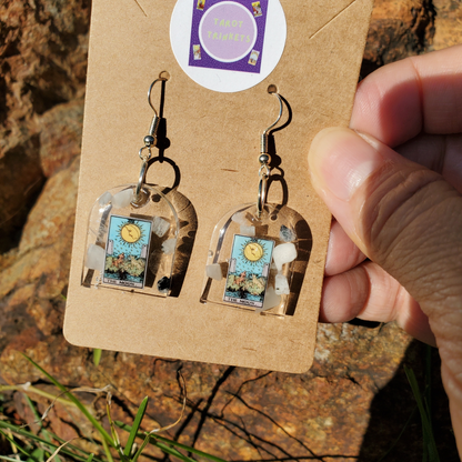 Earrings: Moon Tarot Card w/Moon Stone Crystals-Hand Made w/Clear Resin-Dangle Earrings Silver Hardware. Small Window Shape.