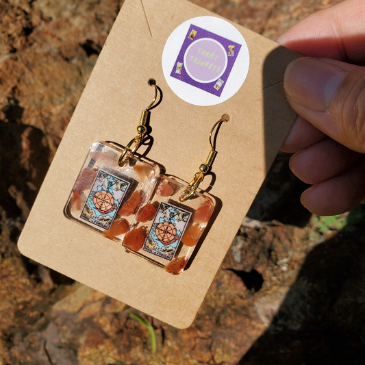 Earrings: Wheel of Fortune Tarot Card w/Carnelian Crystals. Hand made Resin Dangle Earrings w/Gold Hardware. Small Square Shape.