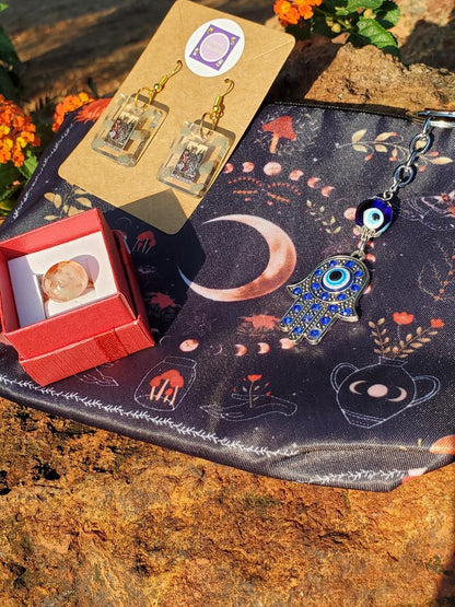 MYSTIC MYSTERY MOON BAG BUNDLE -Includes a Hamsa Hand/Evil Eye Keychain, the bag, and a surprise Chakra Ring w/ a surprise pair of Tarot Themed Earrings.