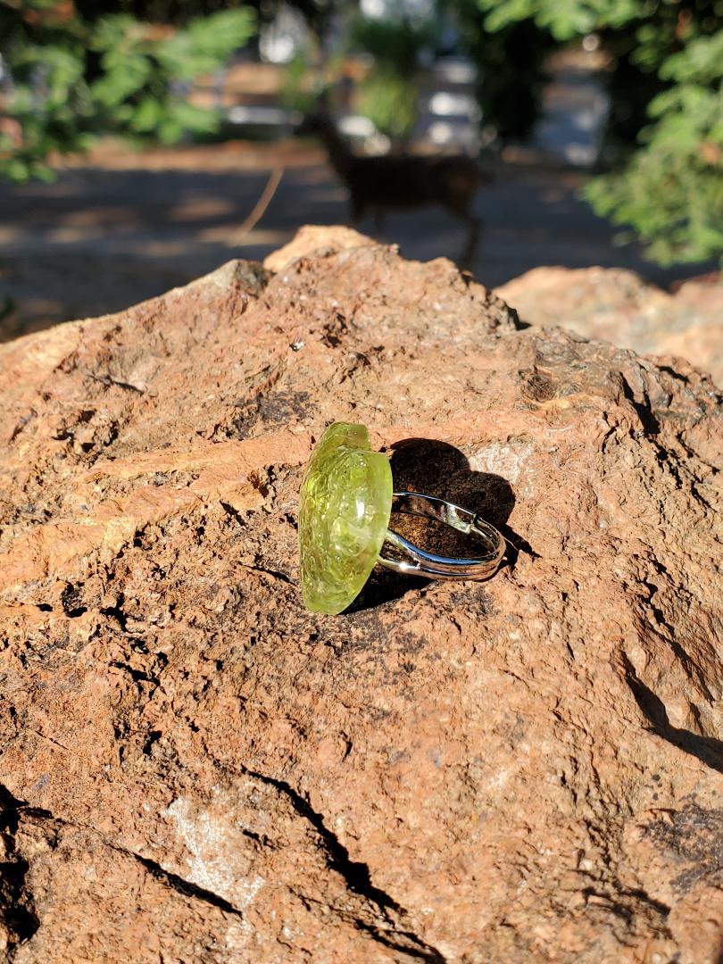 Chakra Ring Collection: FOR HELPING WITH THE ENERGY OF THE HEART CHAKRA. Heart Shape Resin with Green Peridot Crystals/Silver Hardware