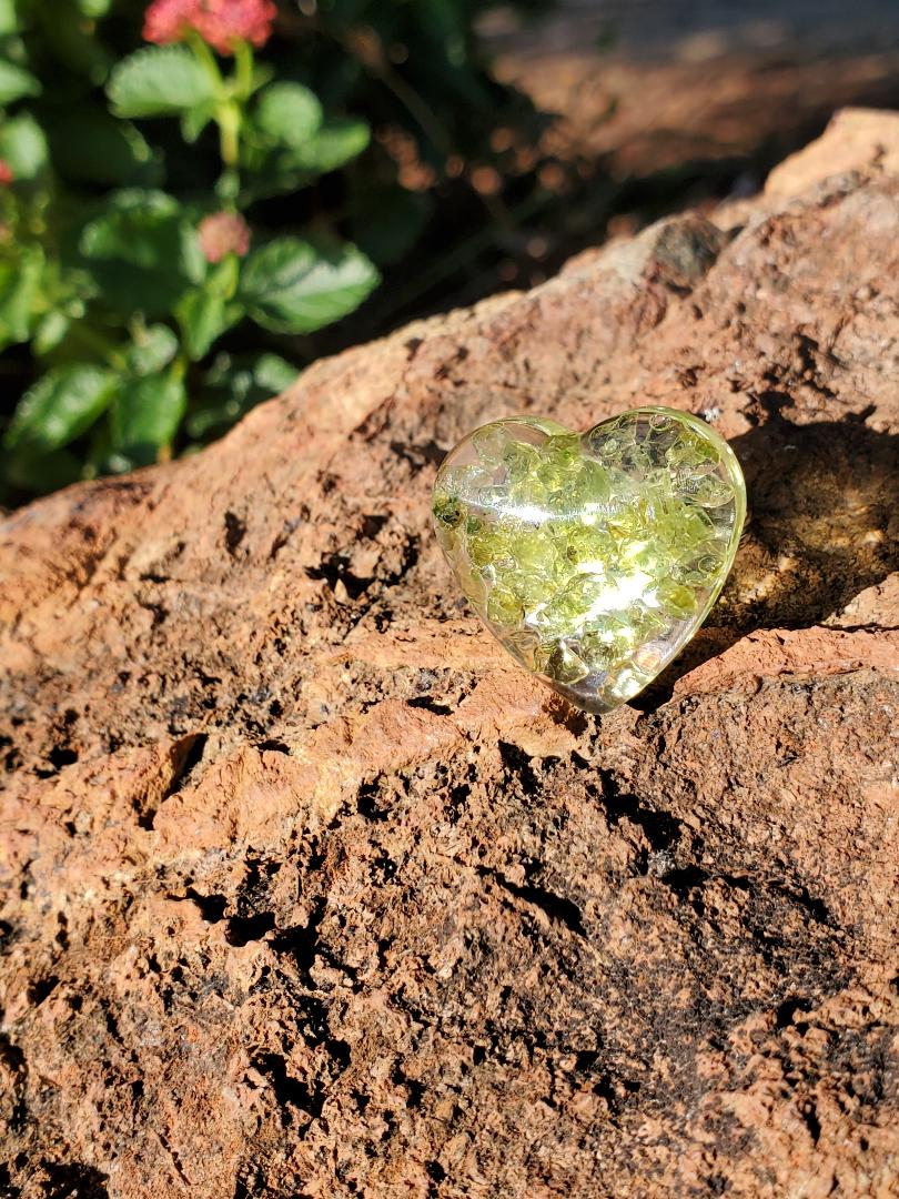 Chakra Ring Collection: FOR HELPING WITH THE ENERGY OF THE HEART CHAKRA. Heart Shape Resin with Green Peridot Crystals/Silver Hardware